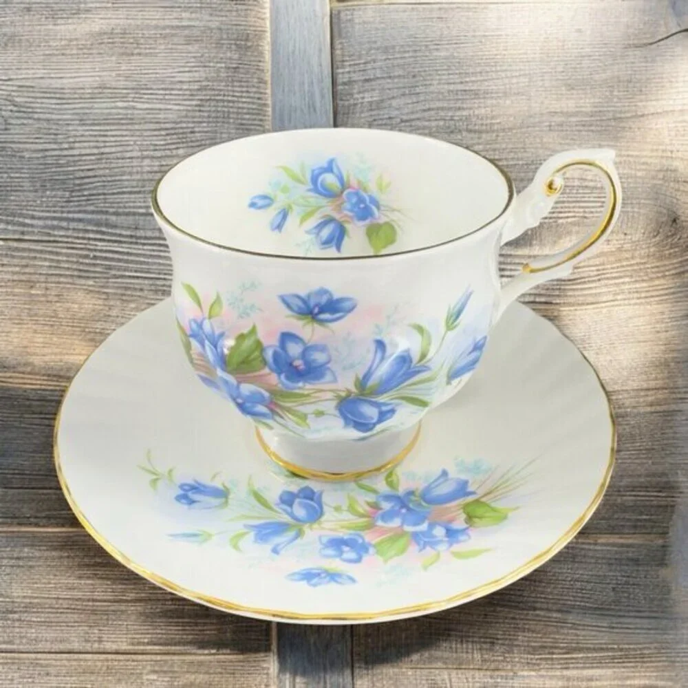 Queens Rosina China Co Blue Flowers‎ Teacup Saucer Set Porcelain Vintage England